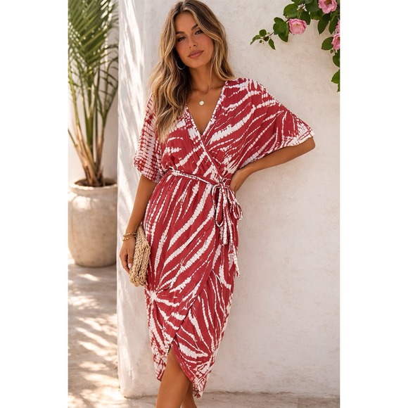 Young, Fabulous & Broke Isla Maxi Dress Sz L Hi Low Kimono Tie-dye Caftan Boho - Picture 2 of 12